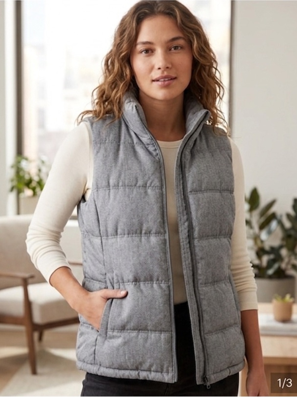 Old Navy Gray Herringbone Puffer Vest